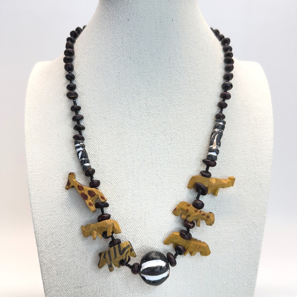 Handcrafted Wooden Safari Animal Bead Necklace Giraffe Tiger Rhino‎ Brown Black